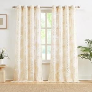 Linen Curtains Gold Leaf Foil 95 Inch Length Tropical Farmhouse Semi Sheer Drapes Botanical Light Filtering Window Panels for Living Room Bedroom 52w, Grommet Top 2 Panels