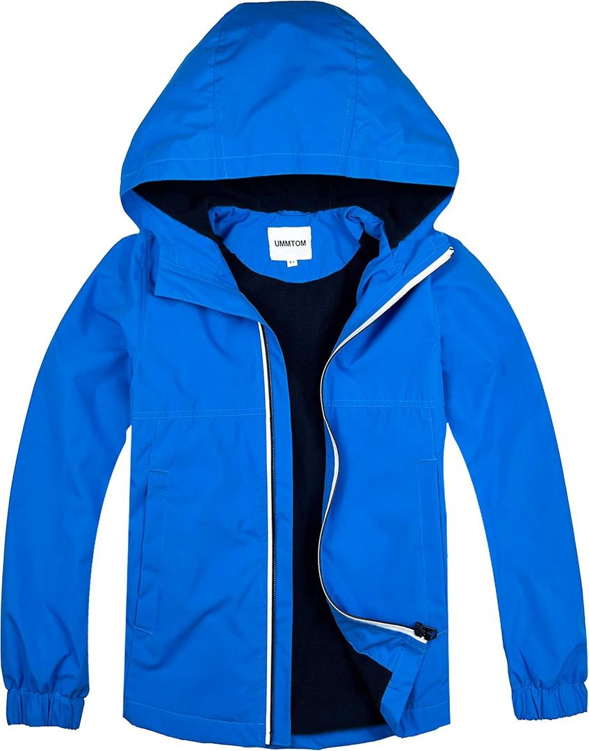 Boys Rain Jackets Lightweight Waterproof Hooded fleece Raincoats Windbreakers for Kids (8-9 Years, Solid Sky Blue)