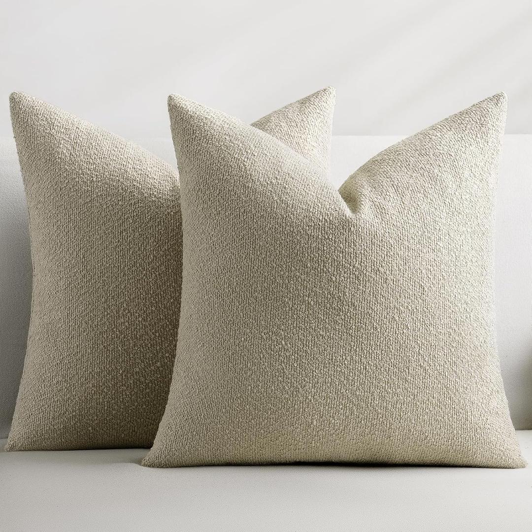 Throw Pillow Covers 18 x 18 Inch Set of 2, Beige Decorative Accent Solid Boucle Textured Pillow Cover, Cozy Neutral Cushion Pillow Cases for Living Room, Sofa, Chair, Bedroom, Home Decor