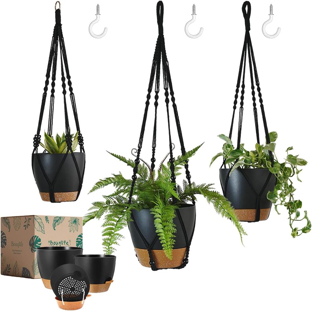 Bouqlife 3 Pack Self Watering Hanging Planters Macrame Plant Hangers with Indoor Flower Pots 10" / 8" / 7", 3 Different Size Hanging Basket, Plant Hanger with Hooks for Garden Home Decor Black Large