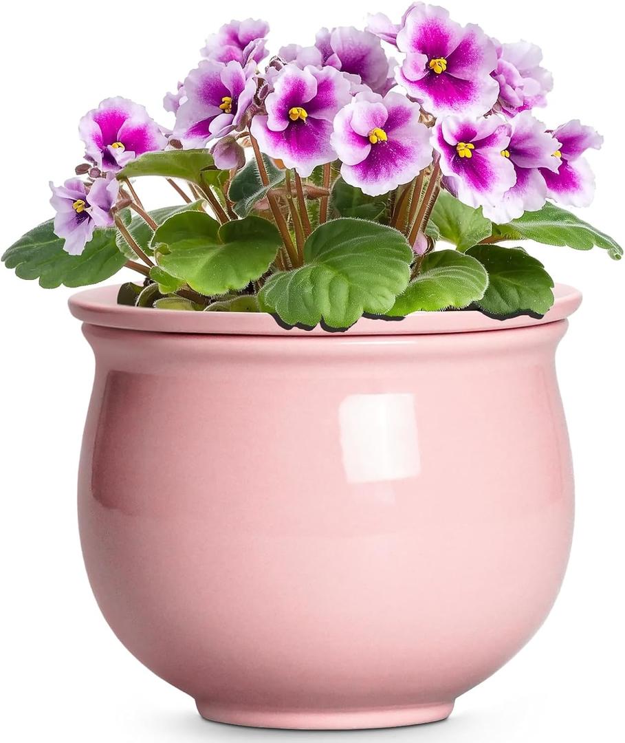 African Violet Pots, 6 Inch Ceramic Easy Self Watering Pots with Absorbent Inner Pot, Round Ceramic Planter for Indoor Plants, Small Flower Pot, Home Decor, Gifts for Plant Lovers, Pink