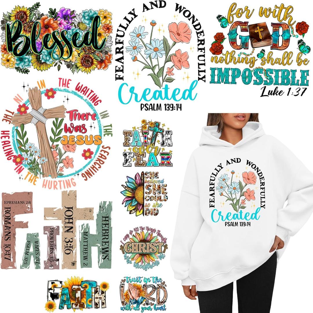 6 x 10pcs Jesus Iron On Decals Heat Transfer Patches for Clothing T-Shirts Backpack Faith Vinyl Stickers Design Heat Press Decal DIY Decoration Applique