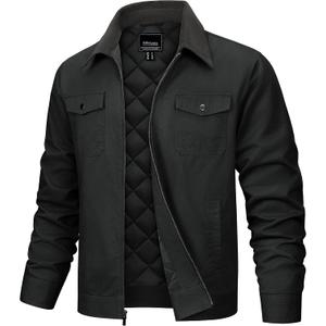 TACVASEN Men's Casual Quilted Cotton Jacket Cargo Corduroy Collar Jacket Work Shacket with 5 Pockets for Fall and Winter, Large, Black