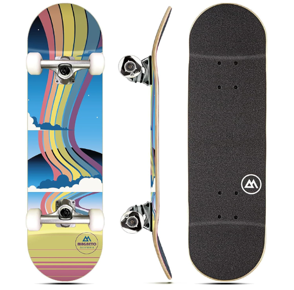 Magneto Maple Wood Complete Skateboard - Beginner Cruiser Skateboard - Smooth Rides with ABEC-5 Bearings - Trick-Ready Double Kicktail Board - 27.5 x 7.75 in, Rainbow
