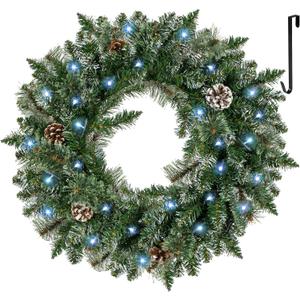 LOENIY 24" Pre-lit Christmas Wreath for Front Door, Timer Outdoor Wreath for Windows with Pine Needles Frosted Branch Tips Pine Cones & Hanger, Battery Operated Artificial Wreath Decoration Indoors