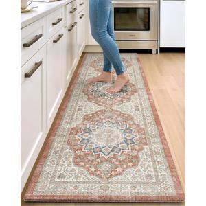 DEXI Kitchen Floor Mats Anti Fatigue, 23x86 Large Long Cushioned Vintage Runner Rug Waterproof, Standing Comfort Memory Foam Padded for Front Sink Laundry Office, Orange and White