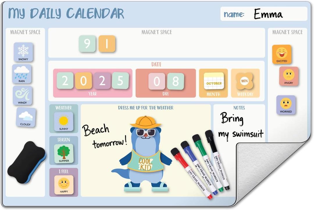 Comix Magnetic Dry Erase Calendar Whiteboard for Wall, 26" x 17" Daily Planner Whiteboard for Kids, for Home & Classroom, with Marker, Eraser & 78 Magnetic Stickers