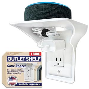 BeraTek Industries Power Perch Outlet Shelf with Cord Storage Strap – Wall Shelf for Echo Dot, Electric Toothbrush, Phone Shelf – Bedroom & Bathroom Organizer (White, 1-Pack)