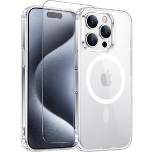 Temdan for iPhone 15 Pro Max Case Clear with Screen Protector, Compatible with Magsafe, AntiYellowing, MilitaryGrade Protection, Shockproof Slim Magnetic Phone Case Cover, Transparent