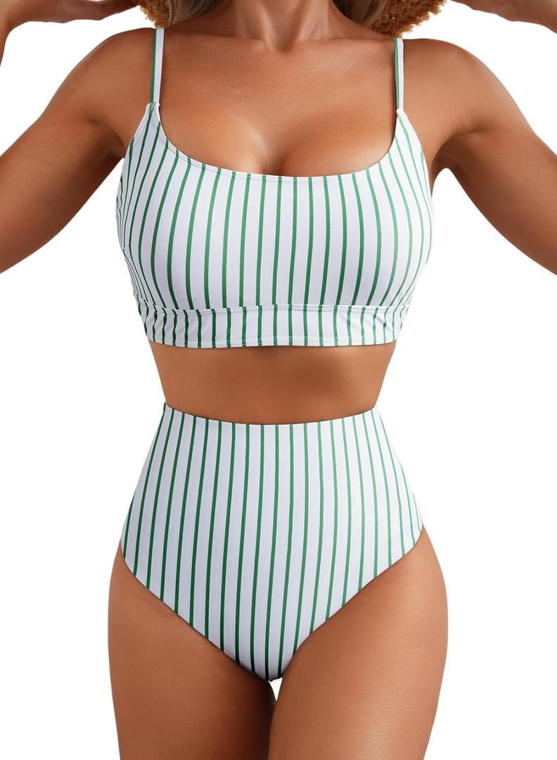 Herseas 2 Piece High Waisted Bikini Set for Women 2026 Spaghetti Straps Swim Top with Reversible Bottom Bathing Suit (Large, Green Stripe)