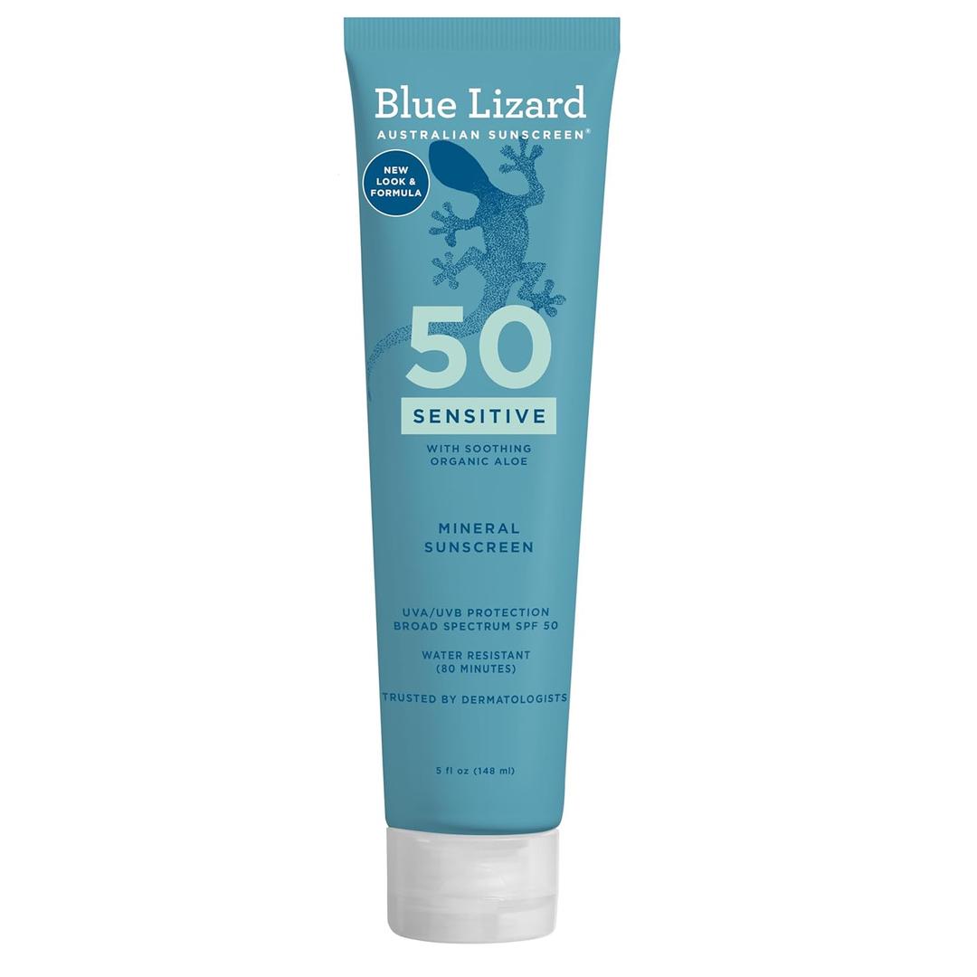 BLUE LIZARD Sensitive Mineral Sunscreen with Zinc Oxide 50+ Water Resistant UVAUVB Protection with Smart Cap Technology Fragrance Free, Sensitve, SPF 50 - - Tube, Unscented, 5 Fl Oz (5 Fl Oz (Pack of 1))