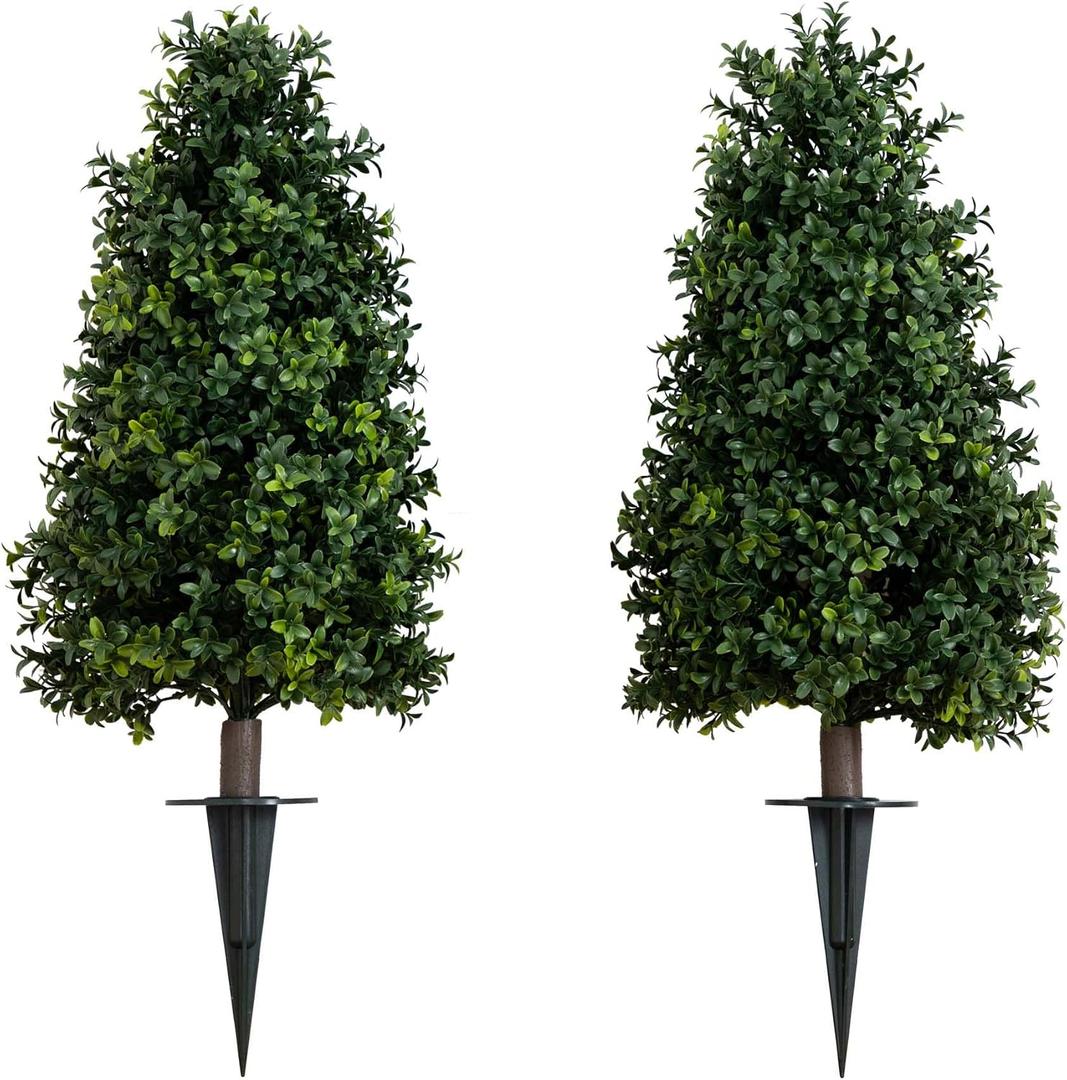 Nearly Natural 2.5ft Artificial Boxwood Topiary Plants 2-Pack with UV Resistant Ground Stakes for Indoor Outdoor Home Decor and Garden Decoration