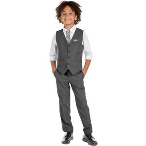Boys' 6-Piece Formal Slim Fit Suit Set, Vest, Pants, Dress Shirt, Tie, Pocket Square, and Bow Tie (Black, Size 14)