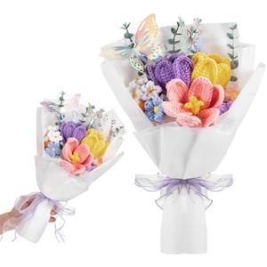 Fanfanwin Father's Day Crochet Flowers Bouquet Gifts Wedding Favors Handmade Tulips Knitted Flowers with Butterfly Card for Graduation Wife Anniversary Teacher Nurse Birthday Party(Multicolor)