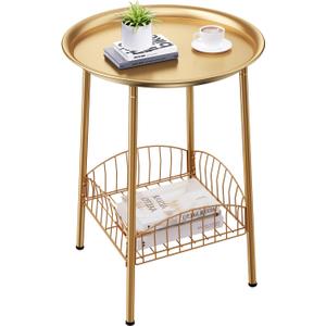Small Outdoor Side Table, 2-Tier Round Metal Patio Table, Accent Table Waterproof, Weather Resistant End Table for Yard Porch Pool Balcony Garden Bedside (Gold)