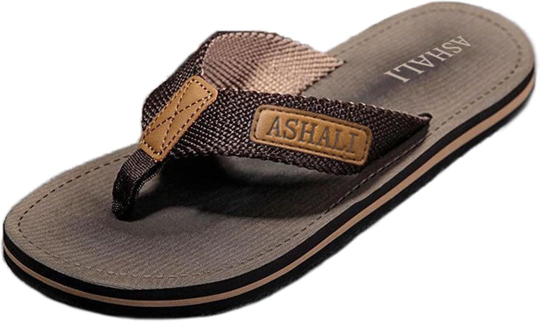 Men'S Summer Flip Flops, Non-Slip Clasp Sandals, High-End Breathable Slippers for Outdoor, All-Season, Casual & Vacation Wear, Solid Color & Striped Pattern, Round Toe, Lace Closure, Fabric Upper & Inner, EVA & Rubber Sole, No Insole (10.5, Brown)