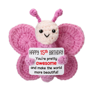 Pink Crochet Butterfly 15th Birthday Gift for Girls, Handmade 4" Amigurumi Plush with “Happy 15th Birthday” Sign, Cute Teen Girl Desk Decor, Small Stuffed Butterfly