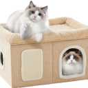 WINDRACING Cat Beds for Indoor Cats - Extra Wide Cat House for Pet and Foldable Cat Cave Bed with Scratch Pad, Cat Hideaway Condo for Kitten, 24.4x16.9x14.2 inches, Beige