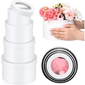 Set of 4 Round Flower Boxes with Clear Lids 4 Assorted Sizes Gift Boxes for Flower Arrangements Nesting Round Gift Box for Mother's Day Graduation Wedding Birthday(White)