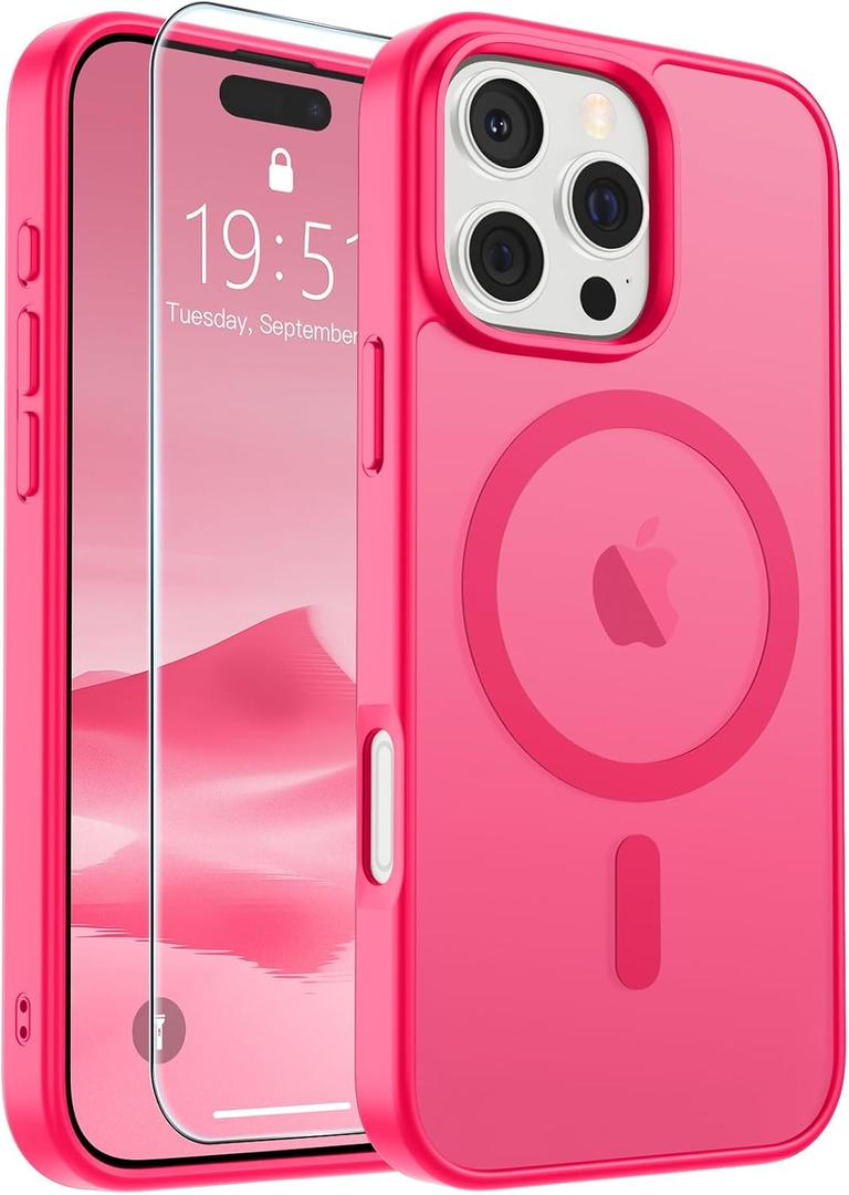 SUPFINE Magnetic for iPhone 16 Pro Max Case (Compatible with MagSafe) (Military Grade Drop Protection) Slim Translucent Matte Shockproof with Anti-Fingerprint Phone Case, Hot Pink
