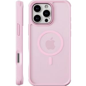 Magnetic for iPhone 16 Pro Case, Compatible with MagSafe, Threaded Non-Slip, 4 Cornered Military-Grade Drop Protection, Alloy Camera Frame, Matte Translucent Shockproof Phone Case, Pink