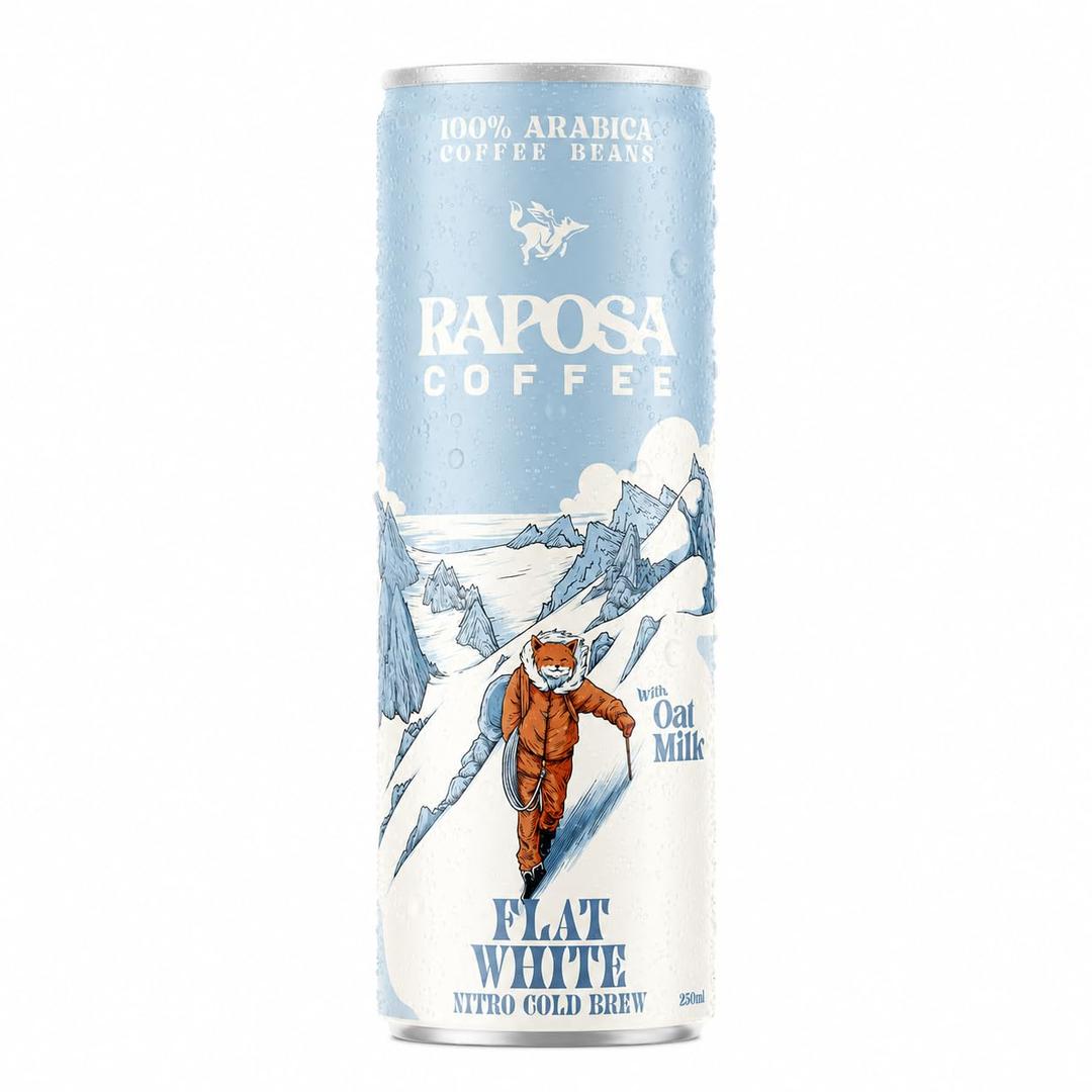 Raposa Nitro Cold Brew Flat White, Ready to Drink Slightly Sweetened Iced Coffee with Oat Milk, Low Acid Canned Specialty Coffee, 8.45 oz, Dairy Free, Single-Origin, 150mg Caffeine