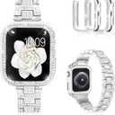 Mosonio Compatible with Apple Watch Band 42mm (Series 11/10) with 2 Pack Case Women, Jewelry Replacement Metal Bands Strap with Bling PC Protective Case for iWatch Ultra SE Series 11/10/9/8/7/6/5/4/3/2/1 (Sizes Vary By Mode) (AA-silver)