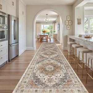 Madane Hallway Runner Rug 3x16 - Vintage Non Slip Washable 16ft Kitchen Runner for Entrance Soft Long Carpet Runners for Living Room Bathroom Low Pile Floor Mat for Bedroom Dining Room, Turmeric/Grey