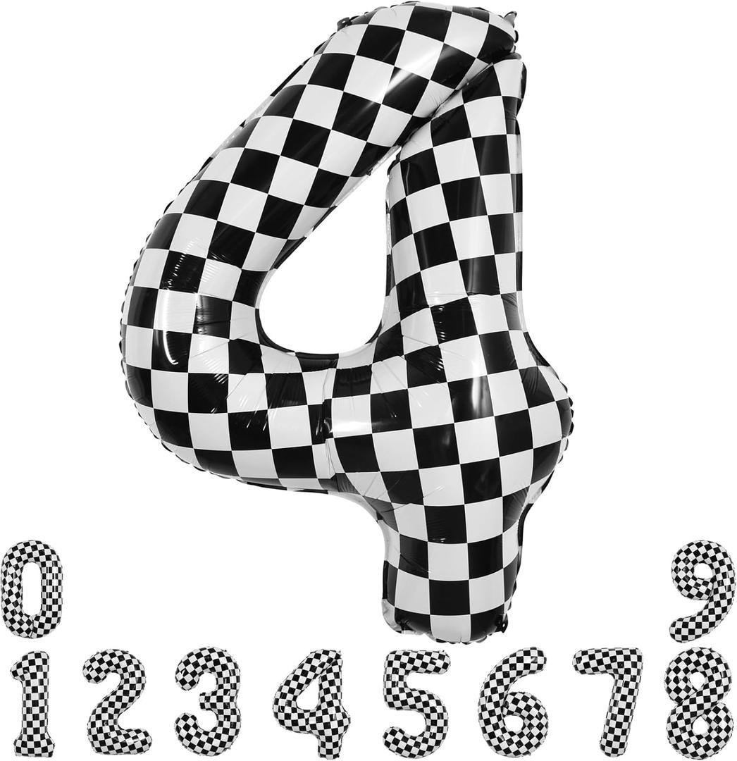 TONIFUL 40 Inch Checkered Number 4 Balloon 4th Race Car Birthday Party Supplies Black and White Large Number Balloon for Girls Boys 4th Birthday Fast Race Car Flag Party Decorations