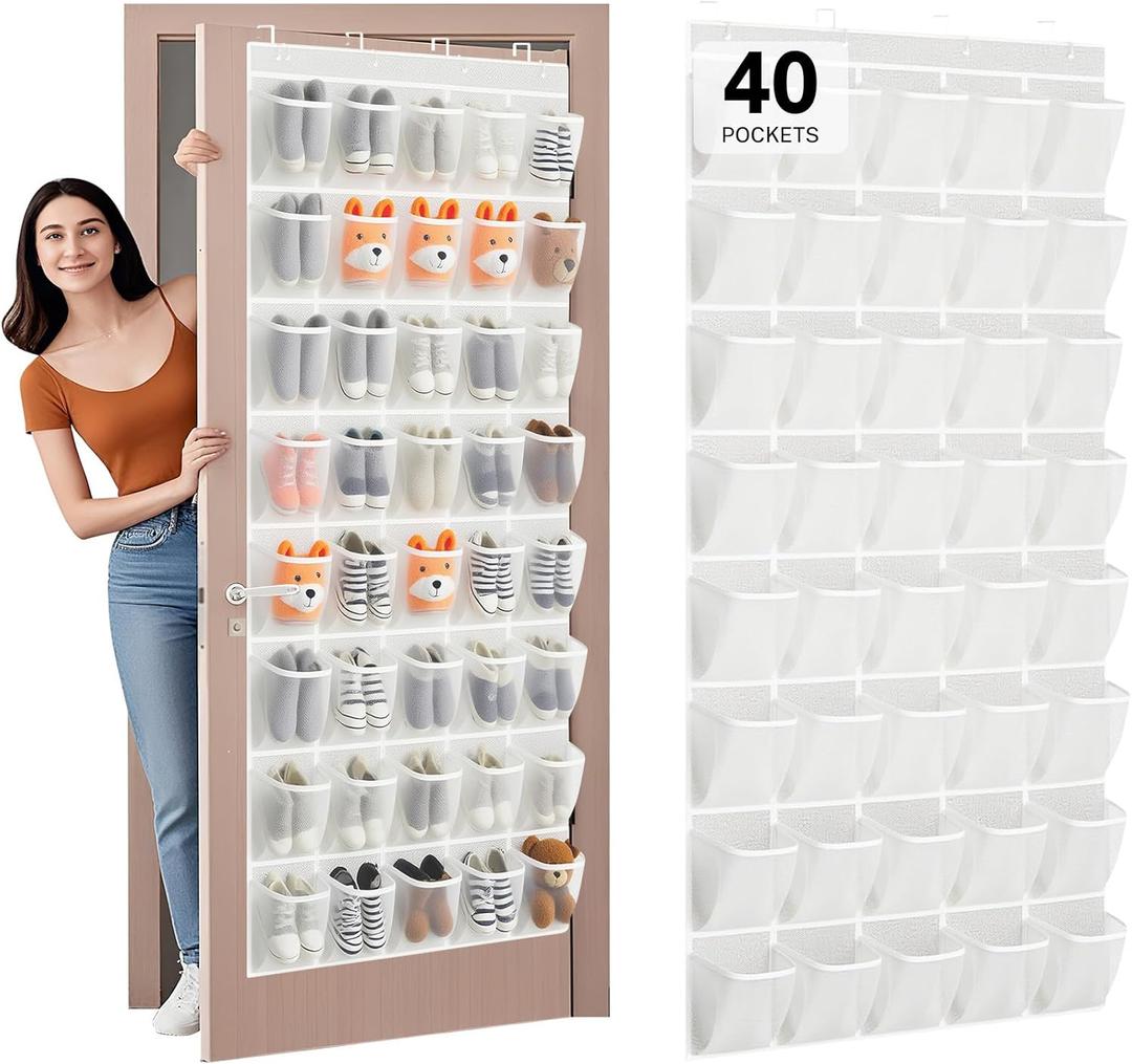 40-Pocket Over the Door Shoe Organizer - Large Mesh Pocket Hanging Shoe Rack for Door, Shoes Storage Holder Sturdy Non-woven Fabric - Stores 20 Pairs (White02)