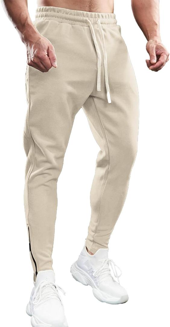 Fioboc Mens Joggers Weekend Performance Zip Ankle Jogger Athletic Sweatpants with Zipper Pockets Athletic Pant (Medium, Slim_fit-off_white)