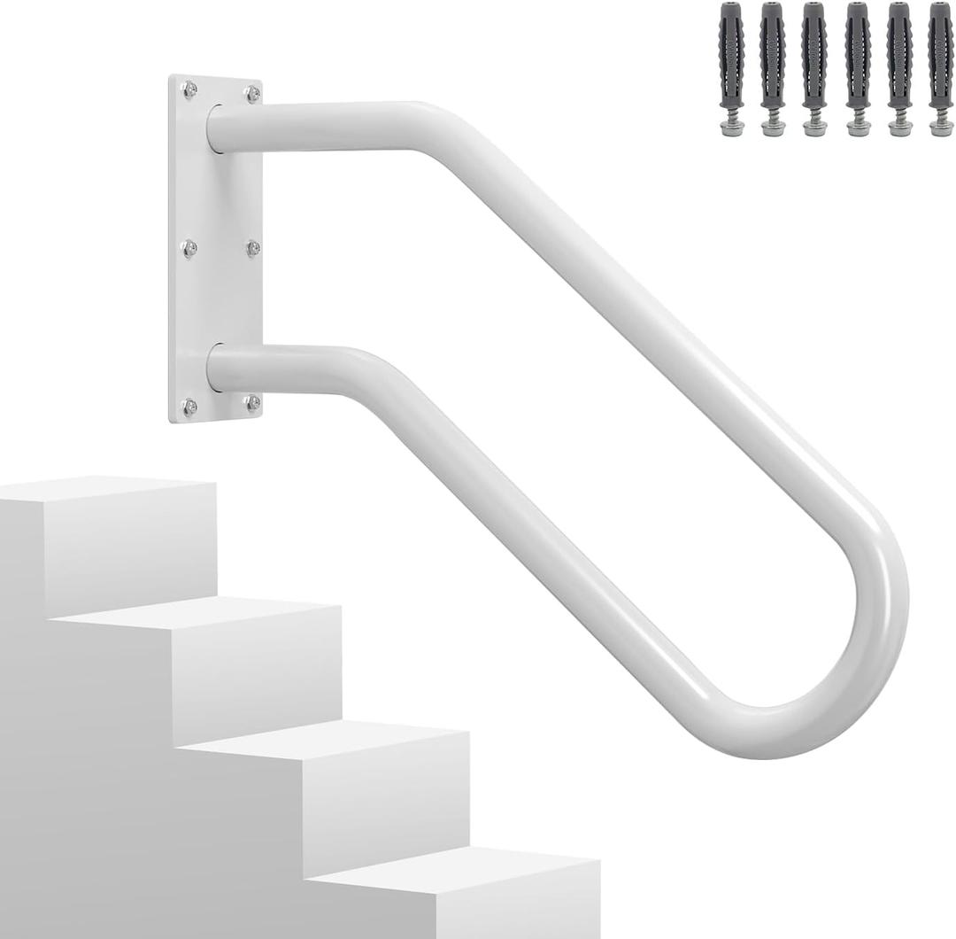 Hand Rails for Outdoor 1-2 Steps, Indoor Stairs, Bathroom, Wall Mount Non-Slip U-Shape Stair Hand Railing White 1 Pack
