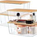 Hudgan 4 Pack Clear Plastic Storage Bins with Bamboo Lids, Stackable Storage Containers for Organizing Medicine Cabinet Organizer, Craft Room, Bread Box (Nature)