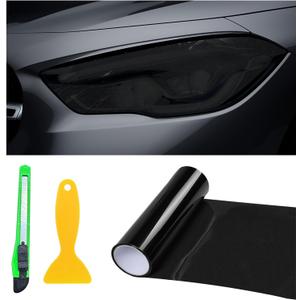 12 48 Inch Car Tint Film, Shiny Chameleon Headlights Tail Lights Fog Lights With Squeeze & Cutter, Self Adhesive Vinyl Sticker Sheet Roll Car Accessories (Dark Black)
