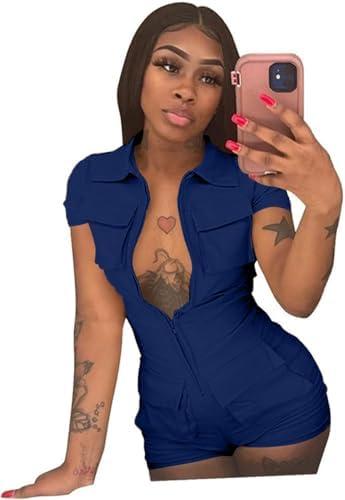 Halfword Womens Sexy Bodycon Romper Zip Up Solid Color Short Pants One Piece Jumpsuits Clubwear with Multiple Pockets, size 2XL Halfword Womens Sexy Bodycon Romper Zip Up Solid Color Short Pants One Piece Jumpsuits Clubwear with Multiple Pockets, size 2XL
