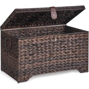 Honjourai Handwoven Storage Basket with Lid, 165L Plastic Rattan Storage Bin, Leather Buckle & Metal Frame, Large Metal Ring Handles, Storage Trunk for Bedroom, Laundry Room