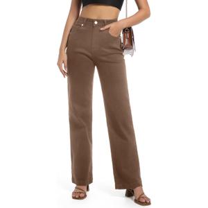 Women's Jeans High Waisted Straight Leg Stretchy Jeans Trendy Wide Leg Tummy Control Loose Casual Denim Pants, Size  (Brown)