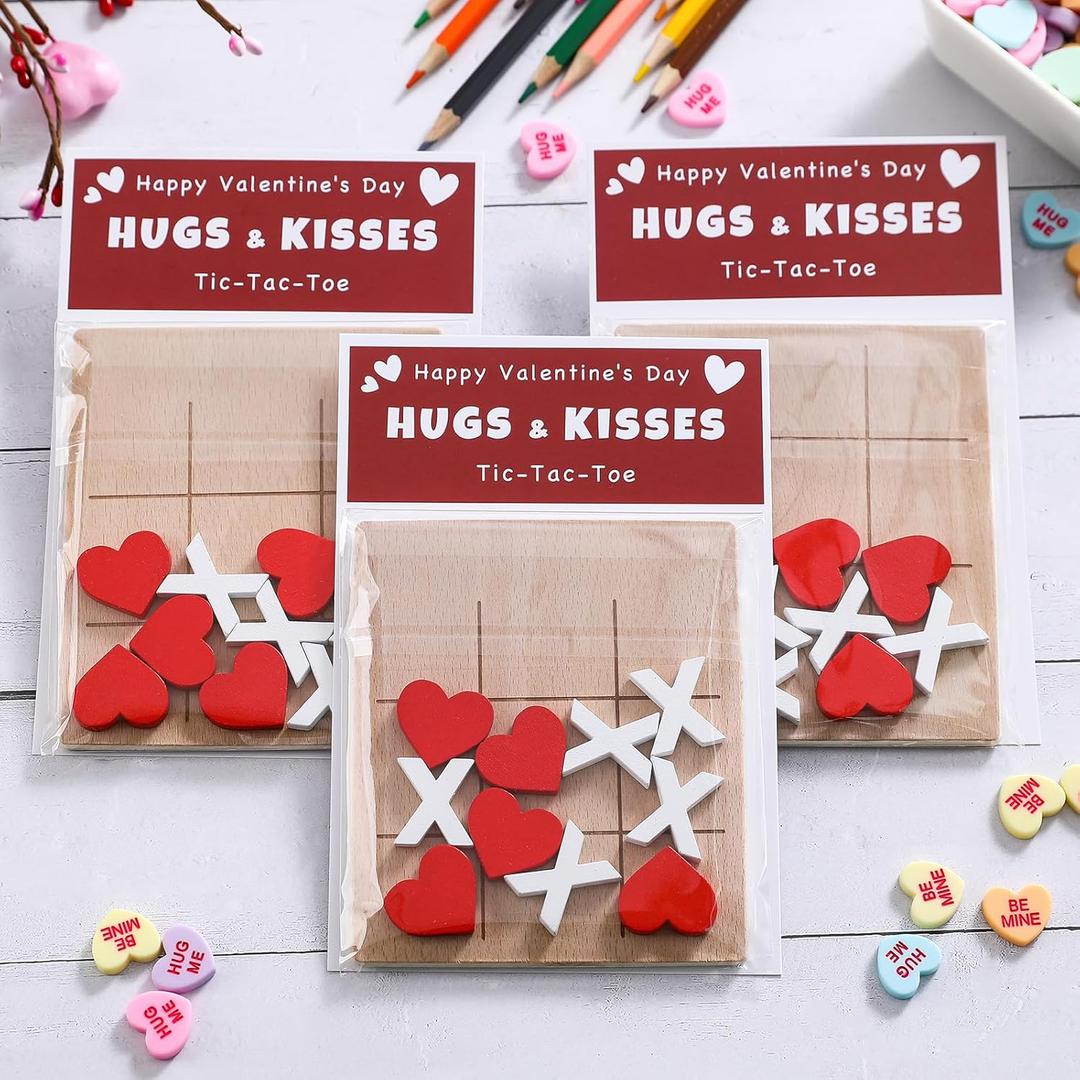FestalMart Valentines Day Gifts for Kids-12 Pack Valentines Cards with Wooden Tic Tac Toe - Valentine Gift Kids Classroom Exchange Cards for Toddlers Boys Girls School Party Favors