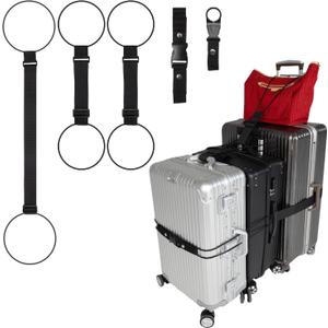 Luggage Straps 3 PCS for Suitcases TSA Approved 2 Short & 1 Long Adjustable Straps with Elastic Thick Rope for Connecting Suitcases and Bags Stably with Strap Buckle and Bottle Buckle Clip, Black