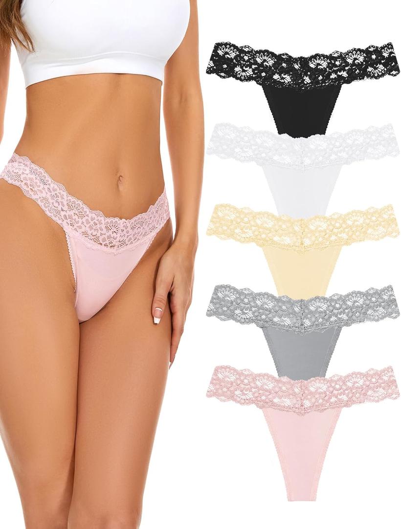 voenxe Seamless Thong for Women,No Show Lace Underwear,Ladies Cotton Blend Breathable Panties,Comfort Soft Undie,Tanga,5-Pack (Small, Basic)
