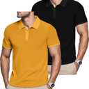 Mens Polo Shirts 2 Pack Breathable Short Sleeve Golf Shirt Casual Button Down Shirt Lightweight Collared Waffle Shirts (Large, Black+yellow)