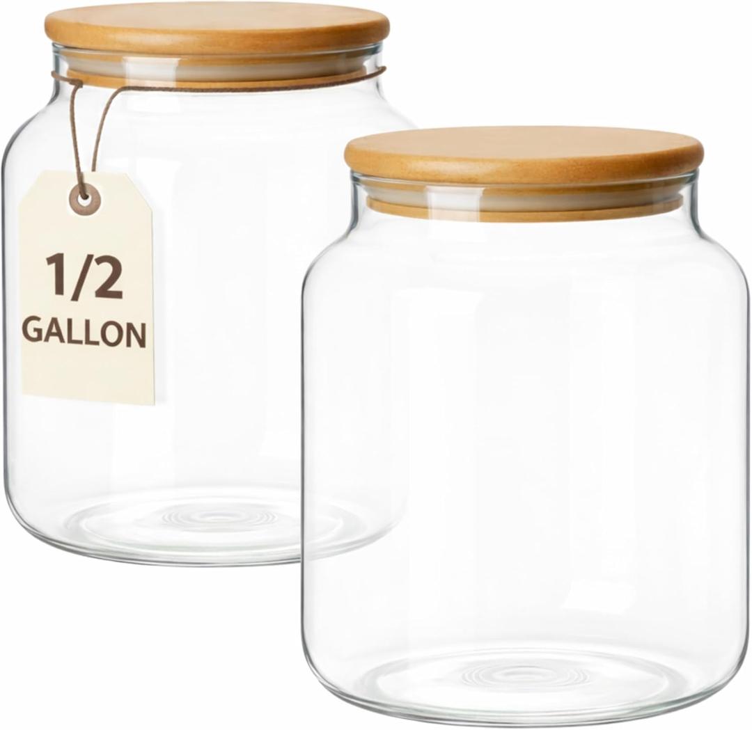 kitchentoolz 1/2Gallon Mason Jar 64oz Wide Mouth Half Gallon Glass Jar with Wooden Lid 2Pack Large Mason Jars for Kitchen Storage, Pantry Organization & Decorative Use