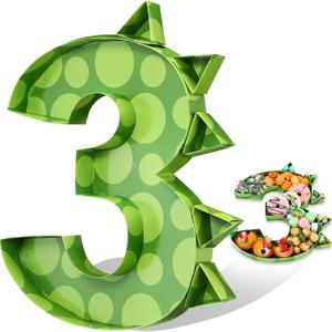 Mifoci 13.7" Dinosaur Charcuterie Board Green Cardboard Number for Cupcake Charcuterie Birthday Party Fillable Paper Mache Chocolate Candy Cake Dinosaur Birthday Party(Number 3)