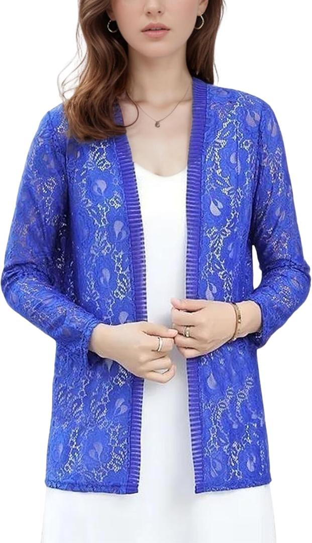 FindThy Womens 3/4 Sleeve Lace Cardigan Long Sleeve Open Front Floral Crochet Shrug Cover Up (X-Large, Blue)