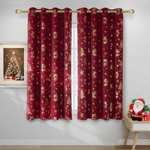 NICETOWN 2 Panels Christmas Red Curtains 52 x 63 Inch - Gold Stamped Grommets Christmas Curtains for Living Room, Bedroom - Holiday Festive Window Drapes - Christmas Decoration