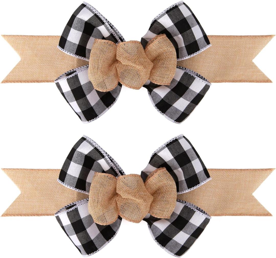 2 Pcs Black and White Buffalo Plaid Wired Ribbon Handmade Premade Burlap Bows for Wreaths Tree Decorations Gift Wrapping Outdoor Decoration (Black and White Plaid)