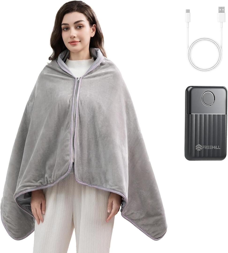 FREEHILL Heated Blanket Battery Operated, 9V Portable Cordless Heated Blanket Wearable Shawl, Gifts for Mom Women, Heating Throw with 4 Heating Area, 65x31.5 Inches (Gray)