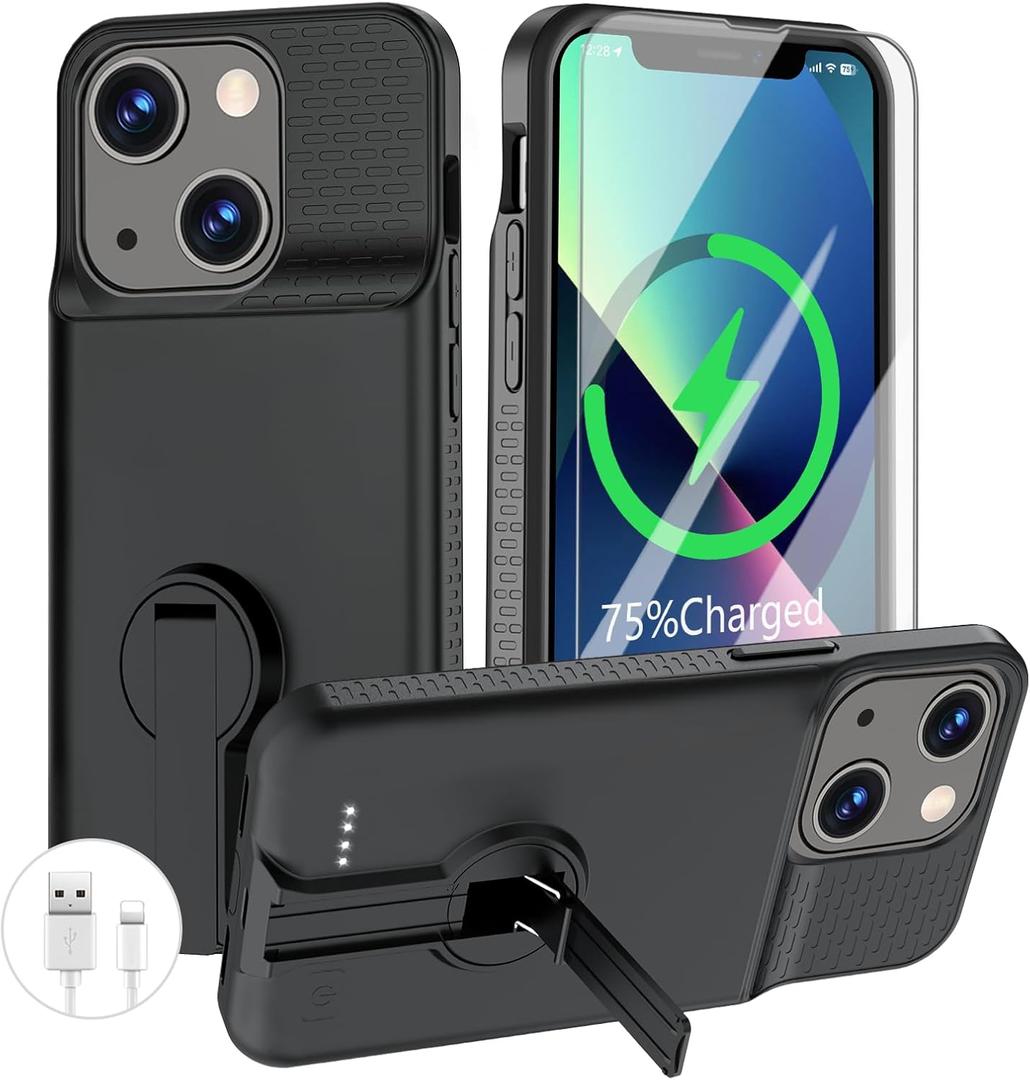 Battery Case for iPhone 13/13 Pro/14/14 Pro, Charging Case with Stand 7000mAh Rechargeable Ultra-Slim Anti-Fall Protection Extended Charger Cover for iPhone 14/14Pro/13/13 Pro Battery Case 6.1" Black