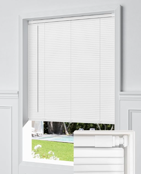 No Drill Cordless Mini Blinds, 29" W × 48" H White | Upgraded to L-Shaped Slats for Enhanced Privacy, With Adjustable Light Control.