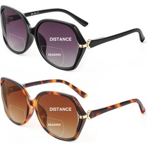 JM 2 Pack Bifocal Reading Sunglasses for Women, Fashion Oversized Sun Readers UV400 Protection Spring Hinges +1.25(Black&Tortoise)